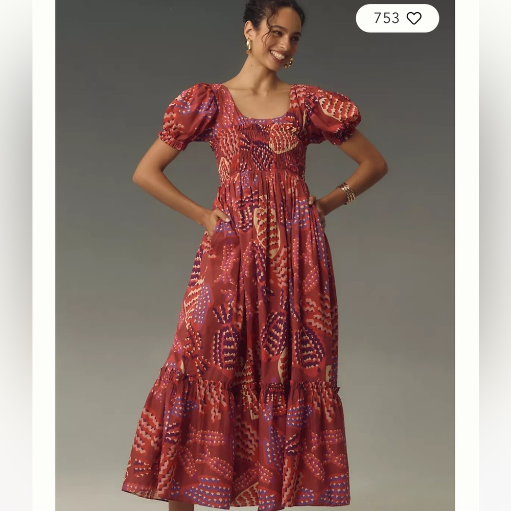 FARM Rio x Anthropologie Puff Sleeved Smocked Maxi Dress